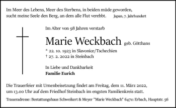 Traueranzeige von Marie Weckbach von vrm-trauer Odenwälder Echo