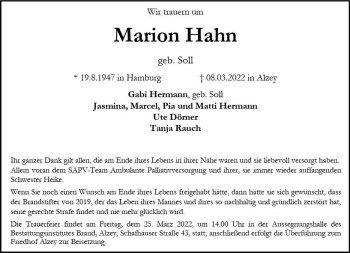 Traueranzeige von Marion Hahn von vrm-trauer Allgemeine Zeitung Alzey