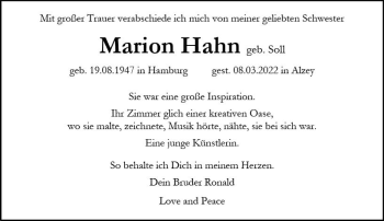 Traueranzeige von Marion Hahn von vrm-trauer Allgemeine Zeitung Alzey