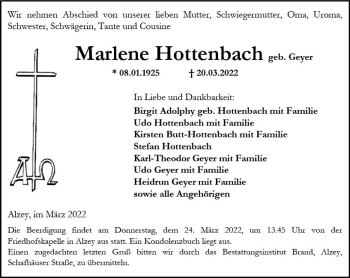 Traueranzeige von Marlene Hottenbach von vrm-trauer Allgemeine Zeitung Alzey