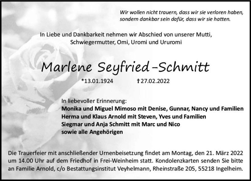  Traueranzeige für Marlene Seyfried-Schmitt vom 12.03.2022 aus vrm-trauer Allgemeine  Zeitung Ingelheim-Bingen
