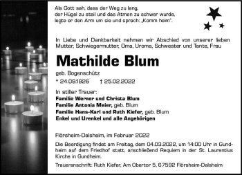 Traueranzeige von Mathilde Blum von vrm-trauer Wormser Zeitung