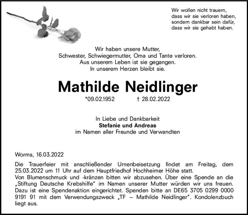  Traueranzeige für Mathilde Neidlinger vom 16.03.2022 aus vrm-trauer Wormser Zeitung