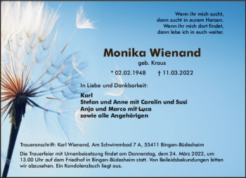 Traueranzeige von Monika Wienand von vrm-trauer Allgemeine  Zeitung Ingelheim-Bingen