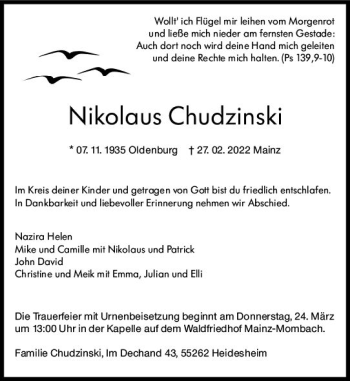 Traueranzeige von Nikolaus Chudzinski von vrm-trauer Allgemeine  Zeitung Ingelheim-Bingen
