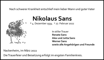 Traueranzeige von Nikolaus Sans von vrm-trauer AZ Mainz