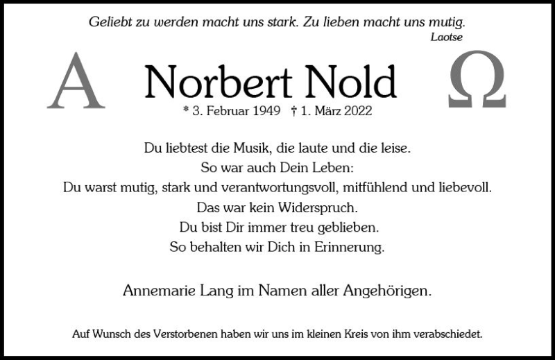  Traueranzeige für Norbert Nold vom 26.03.2022 aus vrm-trauer Wiesbadener Kurier