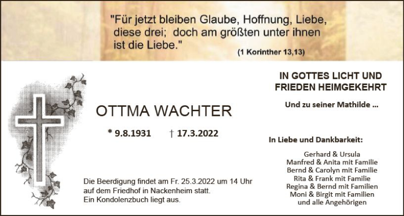  Traueranzeige für Ottma Wachter vom 19.03.2022 aus vrm-trauer AZ Mainz