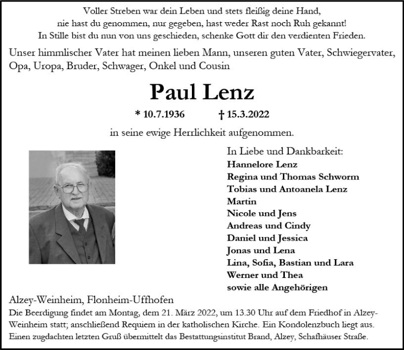  Traueranzeige für Paul Lenz vom 17.03.2022 aus vrm-trauer Allgemeine Zeitung Alzey