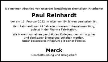 Traueranzeige von Paul Reinhardt von vrm-trauer Darmstädter Echo