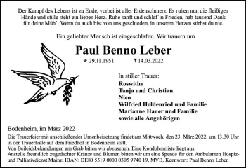 Traueranzeige von Paul Benno Leber von vrm-trauer AZ Mainz
