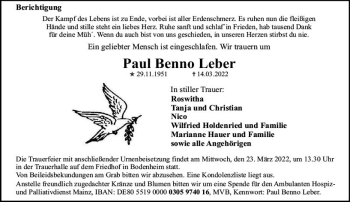 Traueranzeige von Paul Benno Leber von vrm-trauer AZ Mainz