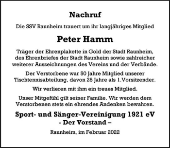 Traueranzeige von Peter Hamm von vrm-trauer Rüsselsheimer Echo / MainSpitze