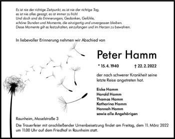 Traueranzeige von Peter Hamm von vrm-trauer Rüsselsheimer Echo / MainSpitze