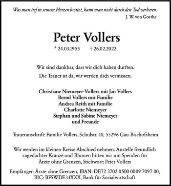 Traueranzeige von Peter Vollers von vrm-trauer AZ Mainz