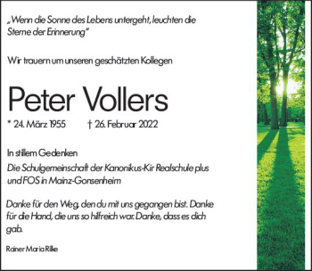 Traueranzeige von Peter Volleys von vrm-trauer AZ Mainz