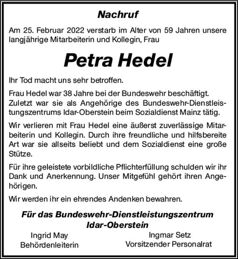  Traueranzeige für Petra Hedel vom 05.03.2022 aus vrm-trauer Rheingau