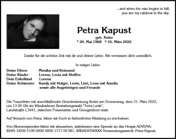 Traueranzeige von Petra Kapust von vrm-trauer Wiesbadener Kurier
