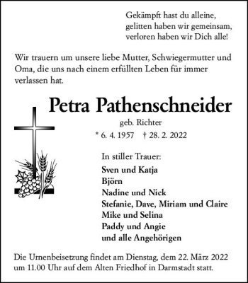 Traueranzeige von Petra Pathenschneider von vrm-trauer Darmstädter Echo
