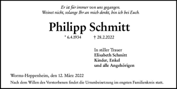 Traueranzeige von Philipp Schmitt von vrm-trauer Wormser Zeitung