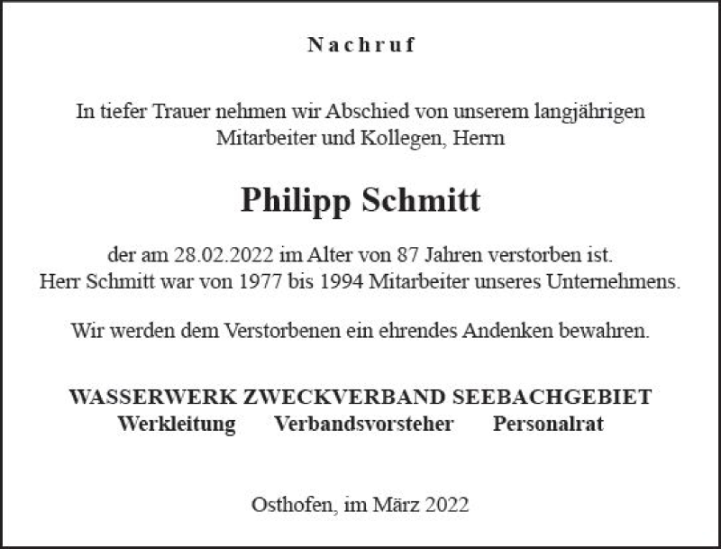  Traueranzeige für Philipp Schmitt vom 17.03.2022 aus vrm-trauer Wormser Zeitung