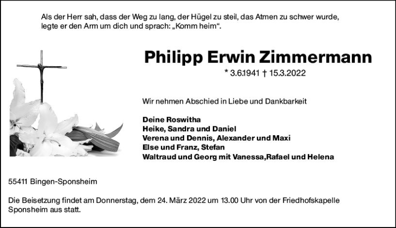  Traueranzeige für Philipp Erwin Zimmermann vom 19.03.2022 aus vrm-trauer Allgemeine  Zeitung Ingelheim-Bingen