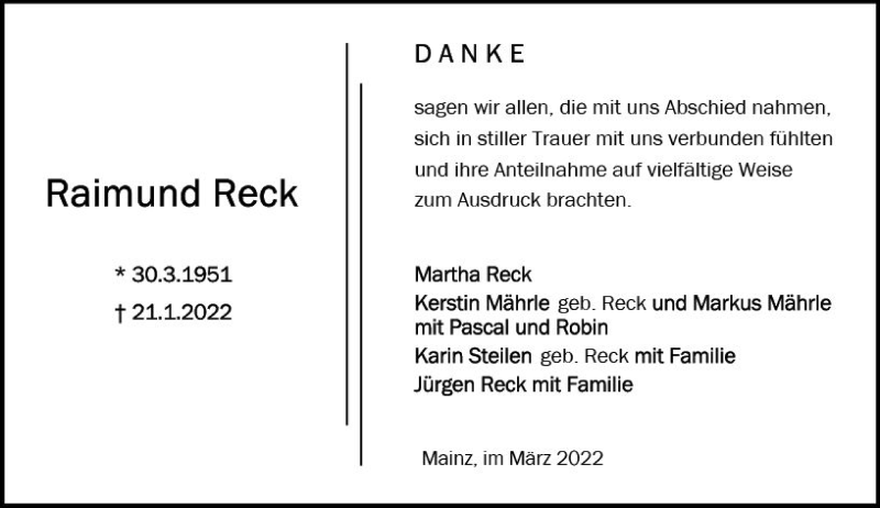  Traueranzeige für Raimund Reck vom 05.03.2022 aus vrm-trauer Allgemeine  Zeitung Ingelheim-Bingen