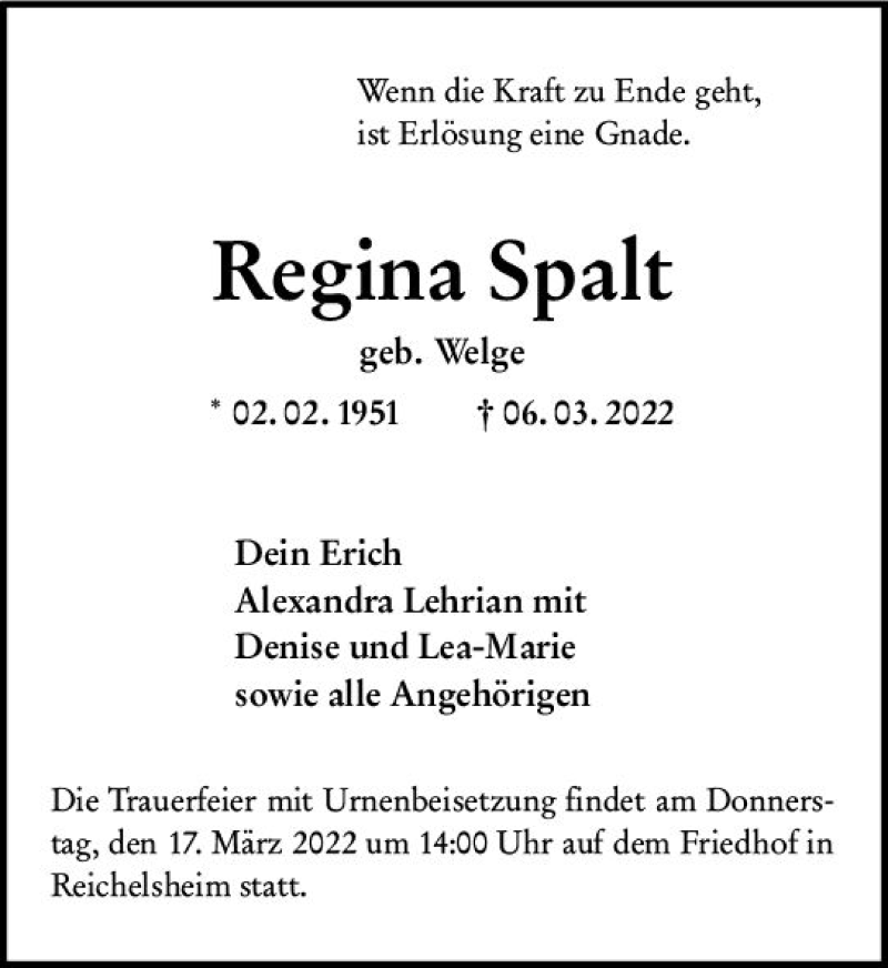  Traueranzeige für Regina Spalt vom 15.03.2022 aus vrm-trauer Odenwälder Echo