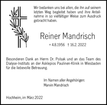 Traueranzeige von Reiner Mandrisch von vrm-trauer Hochheimer Zeitung