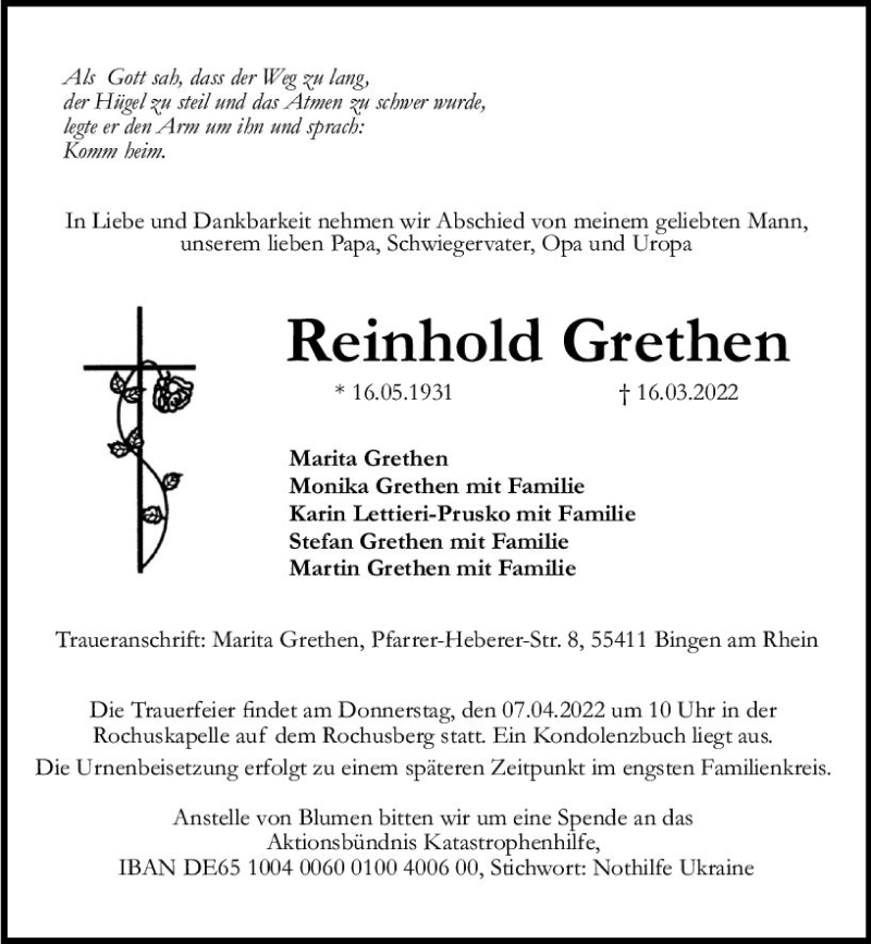  Traueranzeige für Reinhold Grethen vom 23.03.2022 aus vrm-trauer Allgemeine  Zeitung Ingelheim-Bingen