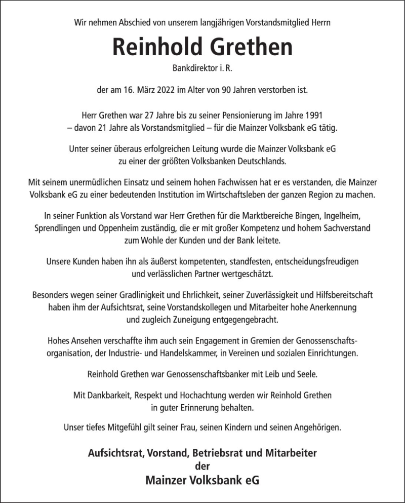  Traueranzeige für Reinhold Grethen vom 23.03.2022 aus vrm-trauer Allgemeine  Zeitung Ingelheim-Bingen
