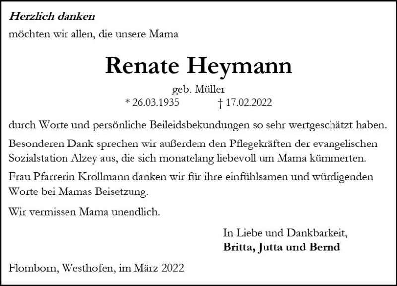  Traueranzeige für Renate Heymann vom 19.03.2022 aus vrm-trauer Allgemeine Zeitung Alzey