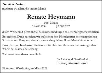 Traueranzeige von Renate Heymann von vrm-trauer Allgemeine Zeitung Alzey