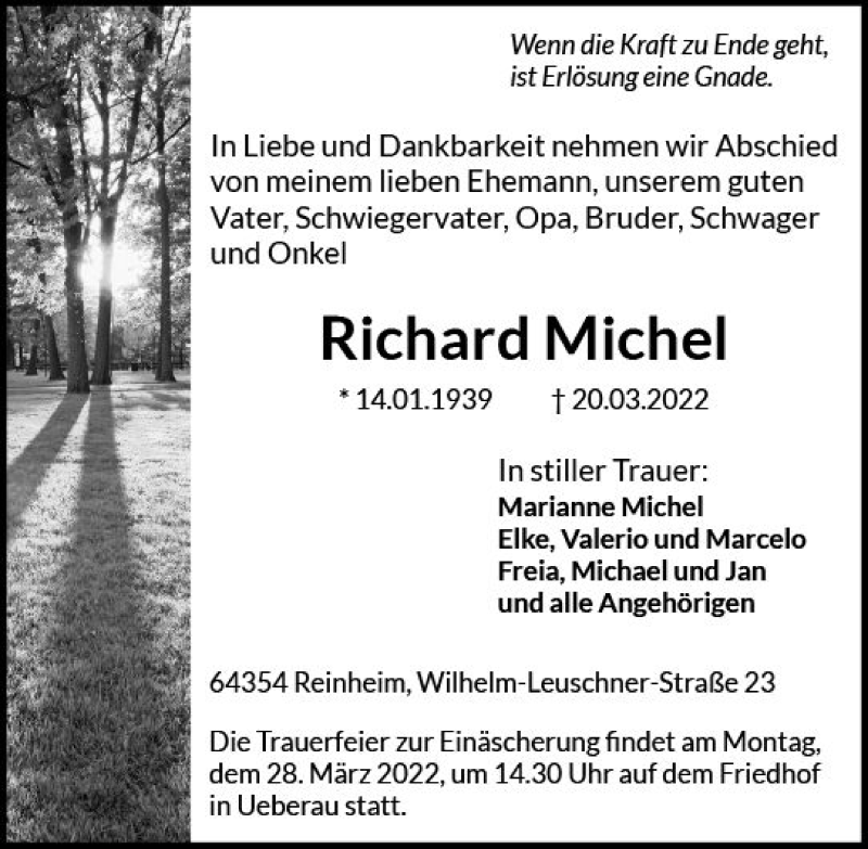  Traueranzeige für Richard Michel vom 26.03.2022 aus vrm-trauer Darmstädter Echo