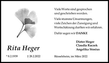 Traueranzeige von Rita Heger von vrm-trauer Rüsselsheimer Echo / MainSpitze