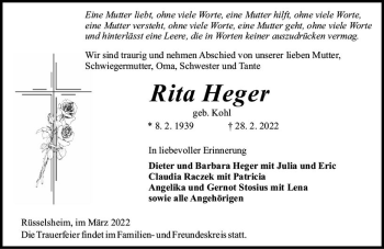 Traueranzeige von Rita Heger von vrm-trauer Rüsselsheimer Echo / MainSpitze