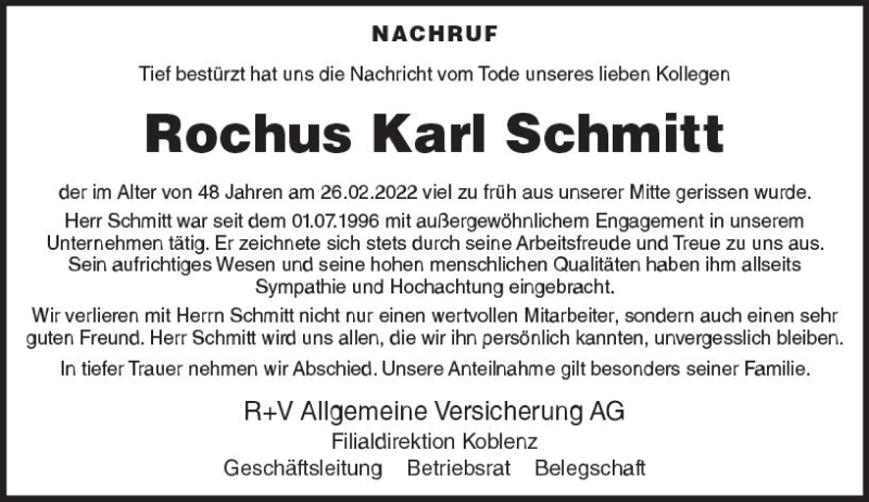  Traueranzeige für Rochus Schmitt vom 04.03.2022 aus vrm-trauer Allg. Zeitung Bad Kreuznach