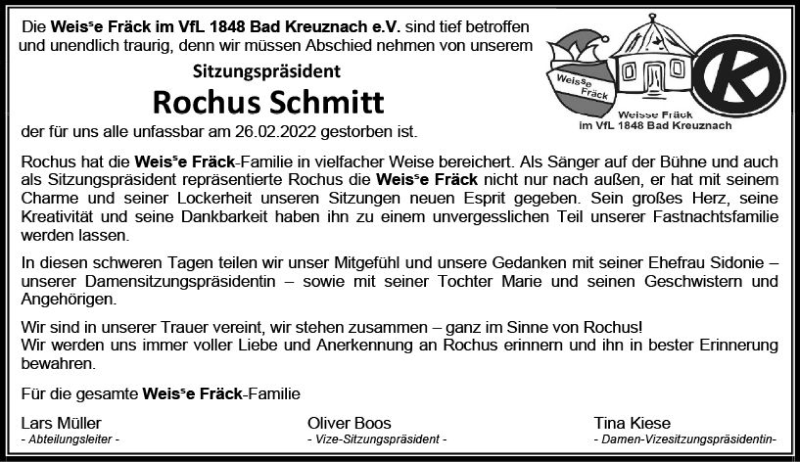  Traueranzeige für Rochus Schmitt vom 04.03.2022 aus vrm-trauer Allg. Zeitung Bad Kreuznach