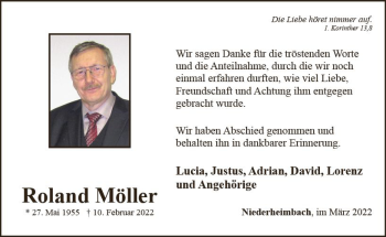 Traueranzeige von Roland Möller von vrm-trauer Allgemeine  Zeitung Ingelheim-Bingen