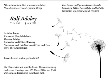 Traueranzeige von Rolf Adolay von vrm-trauer Rüsselsheimer Echo / MainSpitze