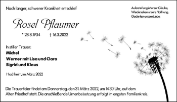 Traueranzeige von Rosel Pflaumer von vrm-trauer Hochheimer Zeitung