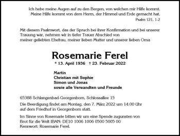 Traueranzeige von Rosemarie Ferel von vrm-trauer Wiesbadener Kurier