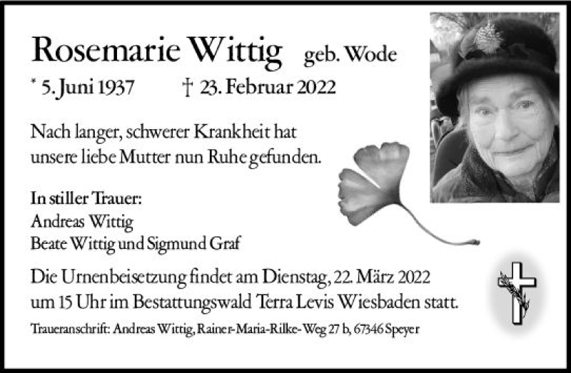  Traueranzeige für Rosemarie Wittig vom 11.03.2022 aus vrm-trauer Wiesbadener Kurier