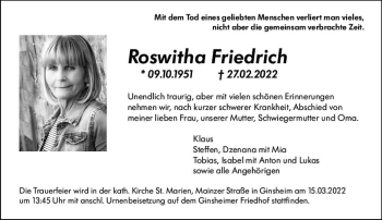 Traueranzeige von Roswitha Friedrich von vrm-trauer AZ Mainz