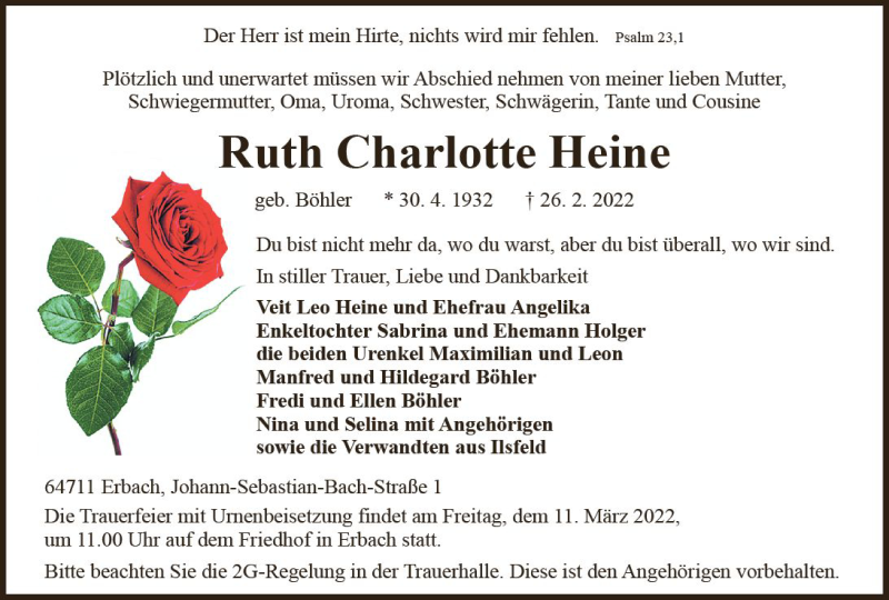  Traueranzeige für Ruth Charlotte Heine vom 05.03.2022 aus vrm-trauer Odenwälder Echo