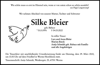 Traueranzeige von Silke Bleier von vrm-trauer Wormser Zeitung