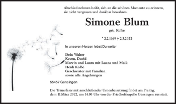 Traueranzeige von Simone Blum von vrm-trauer Allgemeine  Zeitung Ingelheim-Bingen