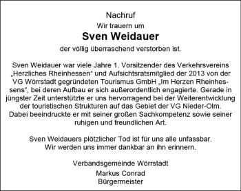 Traueranzeige von Sven Weidauer von vrm-trauer Allgemeine Zeitung Alzey