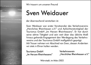 Traueranzeige von Sven Weidauer von vrm-trauer Allgemeine Zeitung Alzey