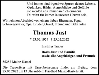 Traueranzeige von Thomas Just von vrm-trauer AZ Mainz